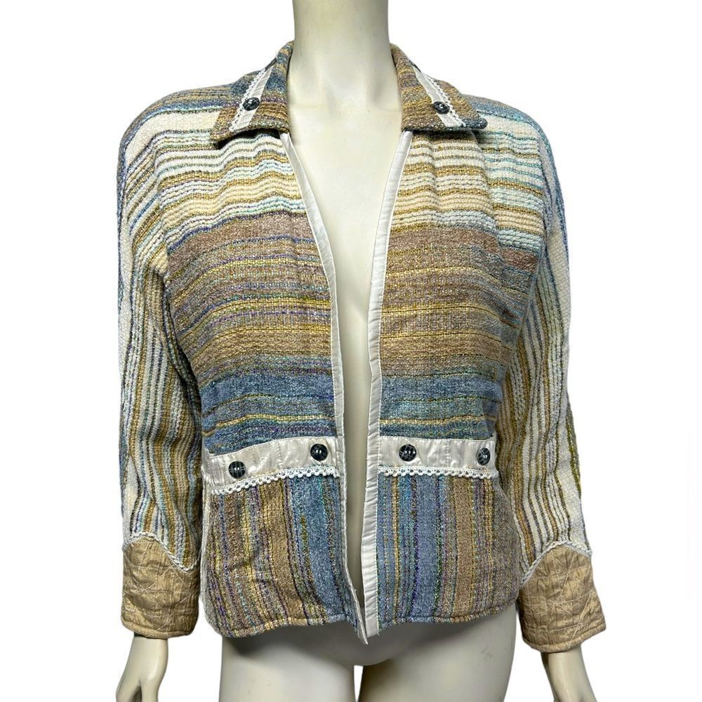 Vintage Silk Yak Magik Decoration Striped Jacket Light Open Coat Blazer Pockets